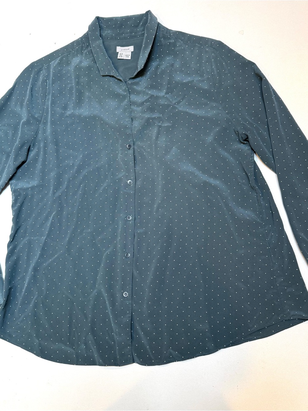 Jigsaw Teal Button-Front Long Sleeve Blouse with White Microdots